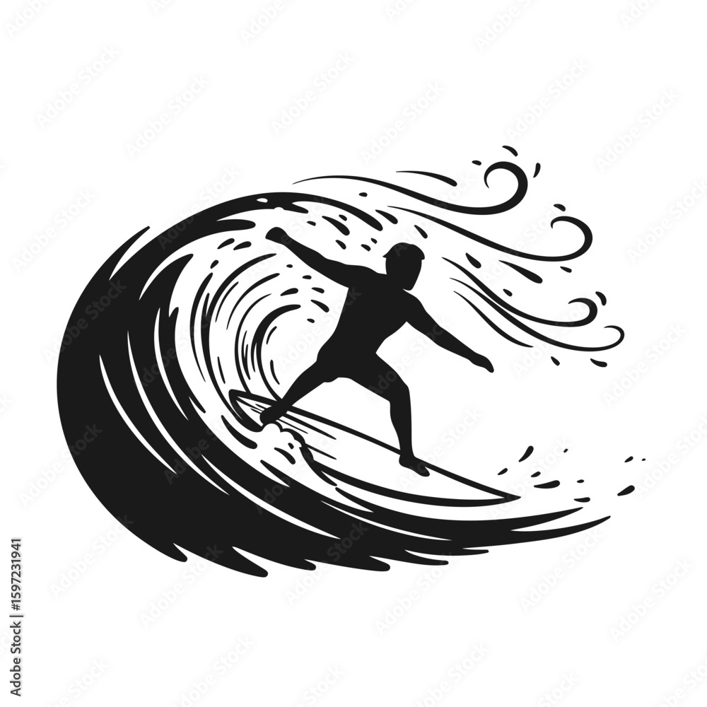 Surfer Silhouette Riding a Wave, Black and White Vector Illustration Surfer Silhouette Riding a Wave, Black and White Vector Illustration