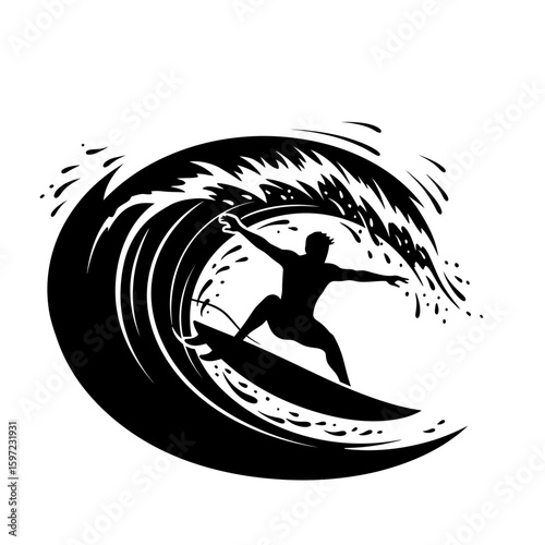 Surfer Silhouette Riding a Black Wave with Arms Extended