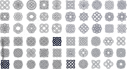  a large assortment of intricate Celtic knot designs, primarily in square and circular forms. The knots are composed of intertwined lines forming complex geometric patterns, with some featuring a dark