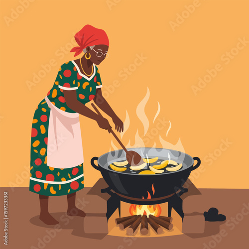 Woman Cooking Plantains in Large Pot Over Fire Indoors