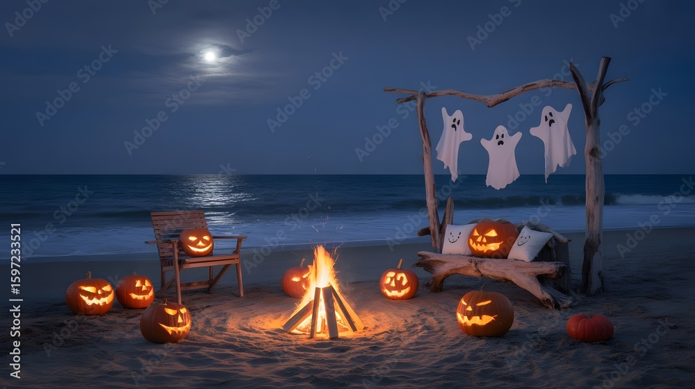 custom made wallpaper toronto digitalSpooky halloween beach bonfire with glowing jack o lanterns and ghost decorations under a full moon