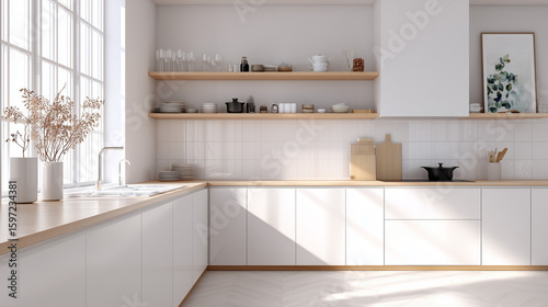 Airy white minimalist kitchen with wooden countertops and shelves