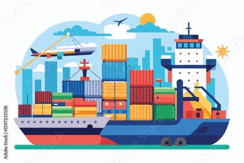 Illustration of a large cargo ship with containers at an international port under a clear sky.