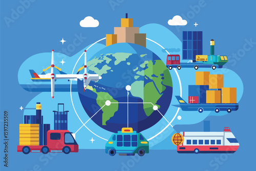 Illustration depicting global logistics with transport modes like ships, planes, and trucks showcasing supply chain flow.