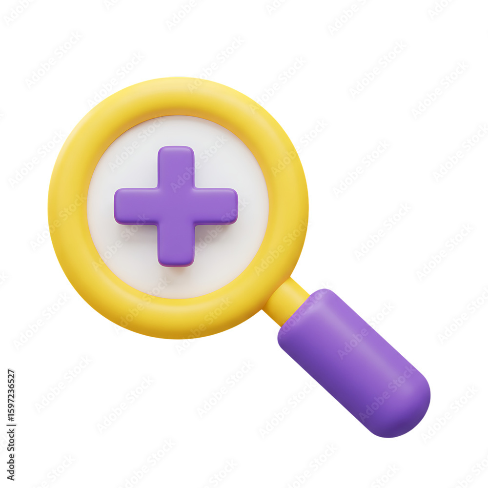 Fototapeta premium Stylized 3d magnifying glass with a purple plus sign inside isolated on transparent background