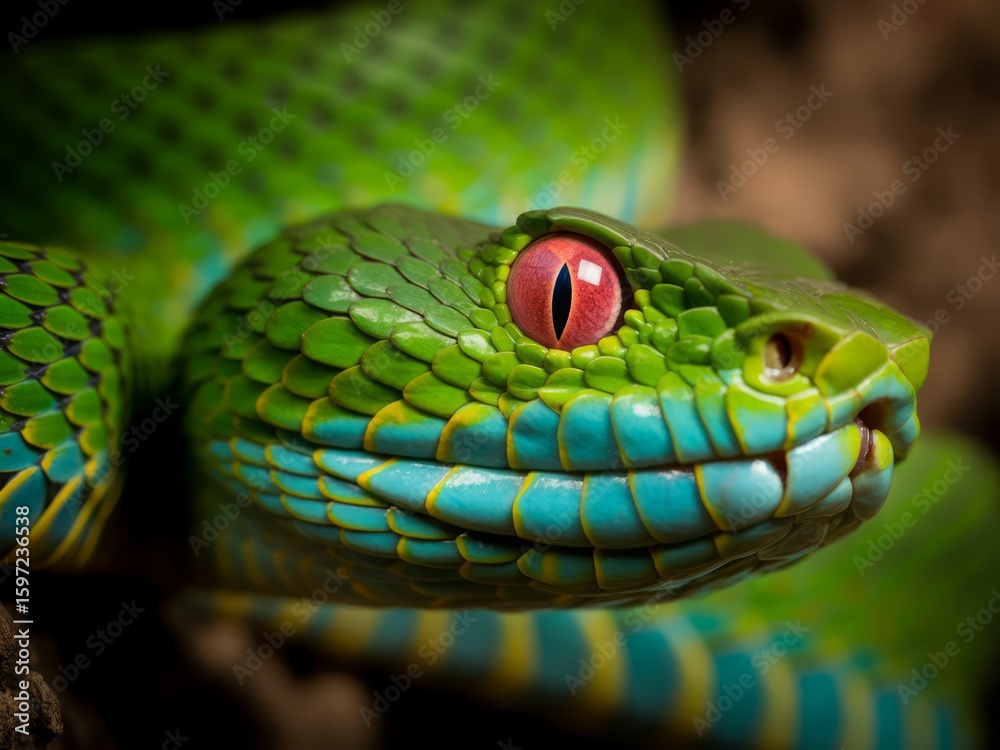 Fototapeta premium Vivid green viper with striking red eye reptile scales
