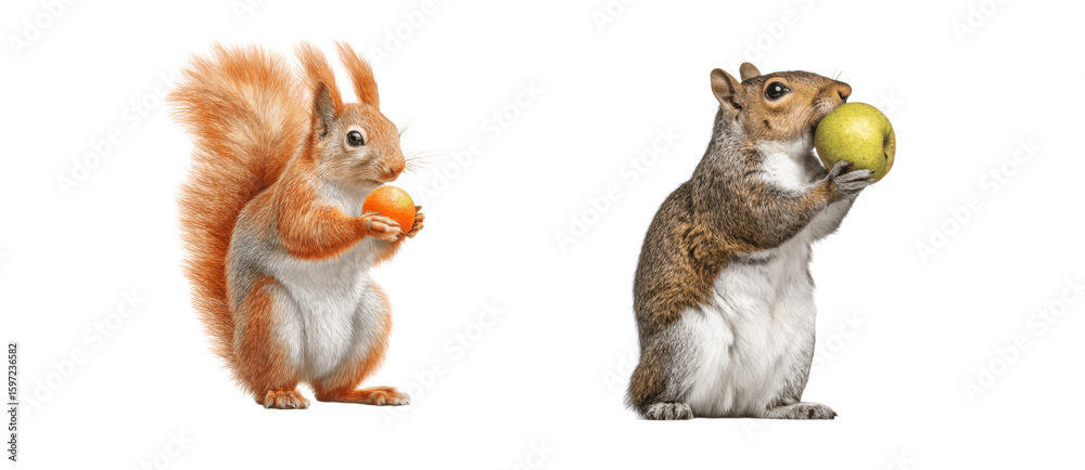 Obraz premium Cute Squirrel with Nut and Gray Squirrel Holding Green Fruit