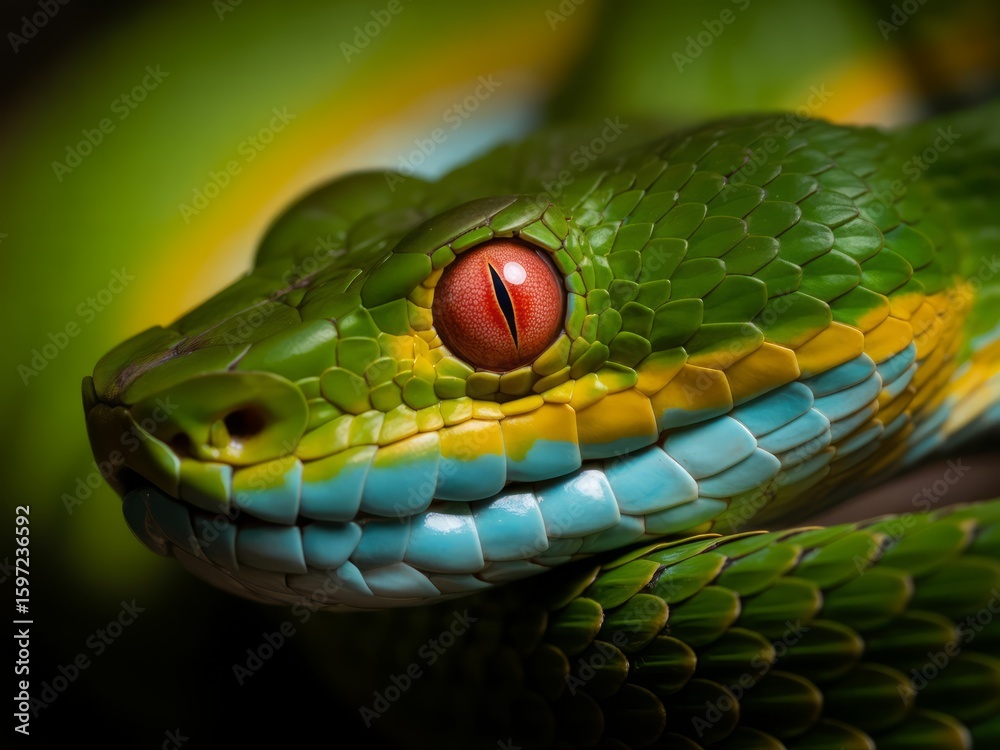 Fototapeta premium Vivid green viper with striking red eye snake reptile