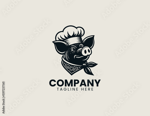 Friendly Piggy Cook Hat Culinary Food Service Emblem Vector Logo