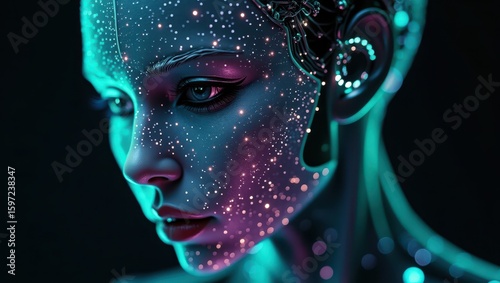 Close-up of a digital AI face with neon green and purple light accents, demonstrating the advanced neural networks and processing power in a cybernetic environment	