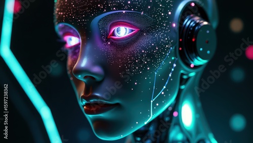 Close-up of a digital AI face with neon green and purple light accents, demonstrating the advanced neural networks and processing power in a cybernetic environment	