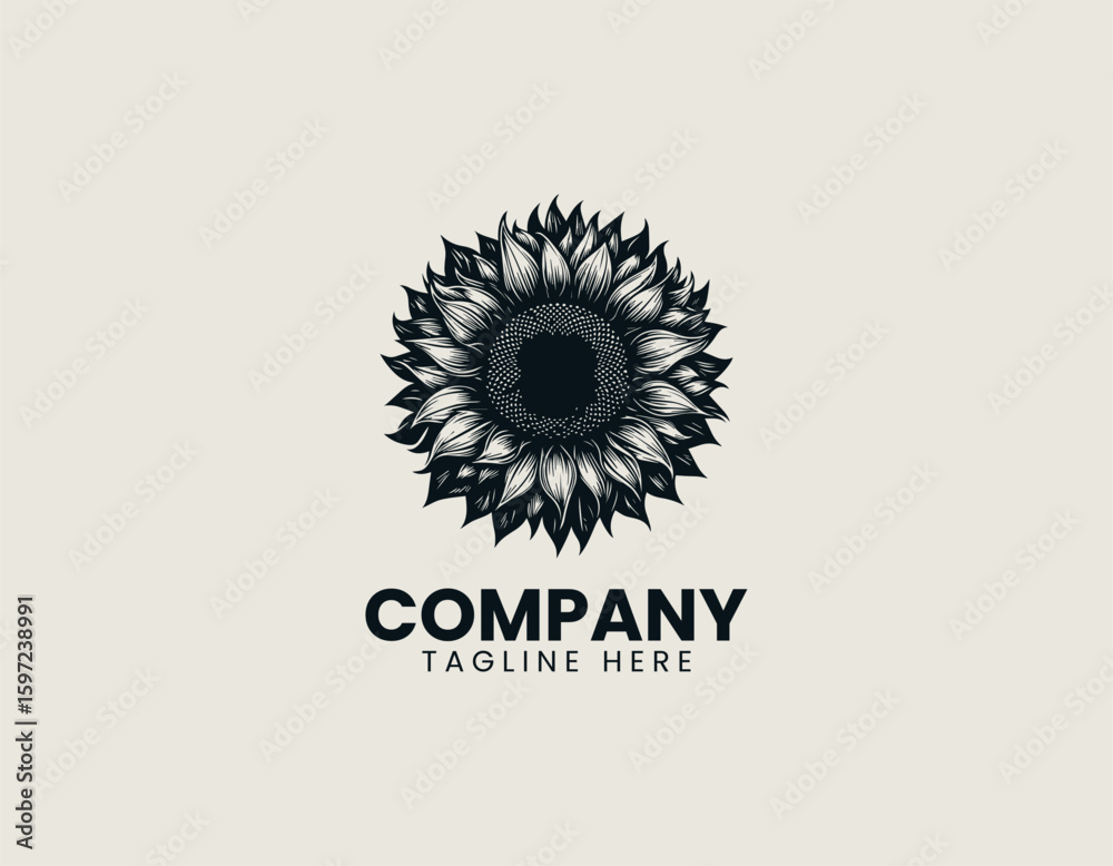 Fototapeta premium Detailed Sunflower Blossom Outline Floral Nature Beauty Vector Logo Design