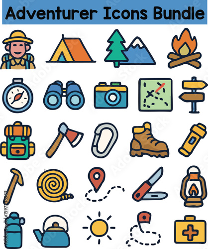 Set of Colorful adventurer icons. Doodle style icon vector bundle.eps