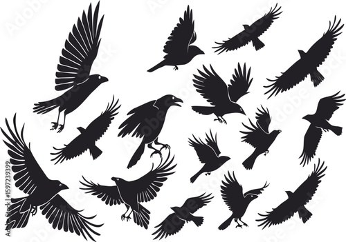 Collection of stylized black silhouettes of crows and ravens in various dynamic flying and perching poses against a clean white backdrop, evoking a sense of nature and freedom