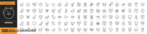 Animals icon set. Containing Cat, Dog, Rabbit, Hamster, Goat, Pig, Horse, Cow, Duck, Chicken, Owl,  Fox, Wolf, Bear, Monkey, Lion, Elephant, Tiger, and more. Editable stroke. Vector illustration