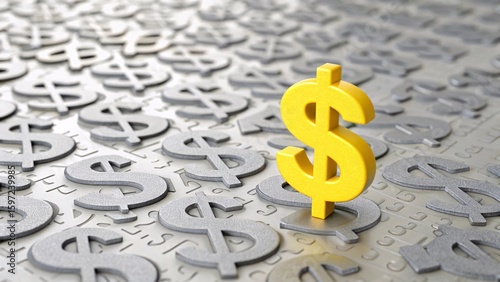 Golden Dollar Sign Amidst Silver Dollar Symbols Financial Abundance