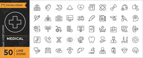 Medical icon set. Containing medicine, pharmacology, hospital, doctor, tests, health care, hospital, and more. Editable stroke. Vector illustration