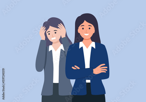 Smiling woman hides bad emotions, trying not to bother others with problems. Business lady experiencing depressed emotions demonstrates calmness thanks to self-confidence.