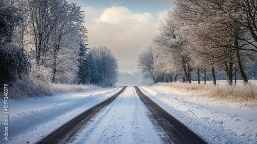 Snowy Road Through Winter Forest, Cold Weather Landscape with Tire Tracks
