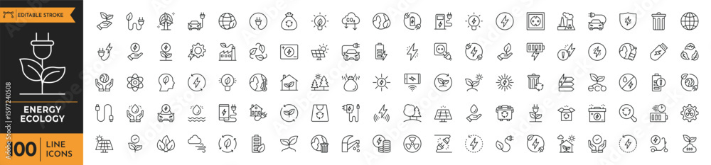 Obraz premium Ecology energy icon set. Containing renewable energy, ecology, green electricity, and more. Editable stroke. Vector illustration