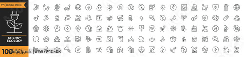 Ecology energy icon set. Containing renewable energy, ecology, green electricity, and more. Editable stroke. Vector illustration