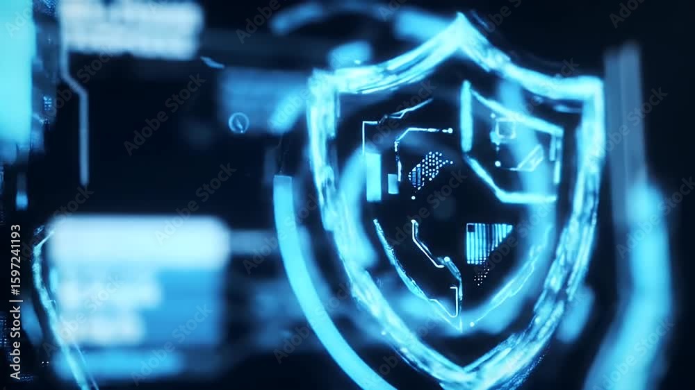 Abstract Digital Shield Animation: Glowing Blue Futuristic Technology Background Loop