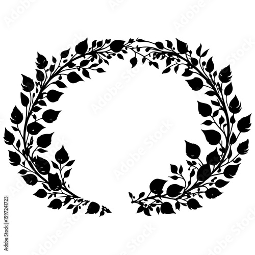 Black and white clip art of a wreath, composed of leaves and branches.