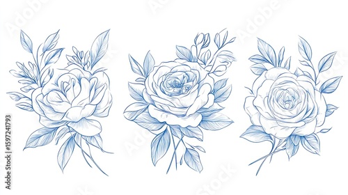 Fototapeta Naklejka Na Ścianę i Meble -  Blue floral sketches, rose bouquets, white background, design elements, wedding stationery