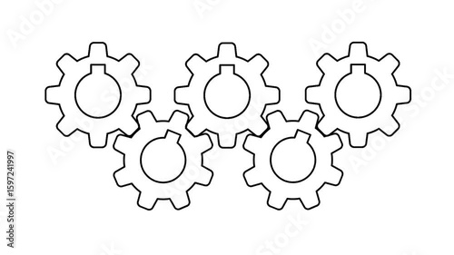 animation of five rotating and connected gears in line art style on a white screen for technology or machinery