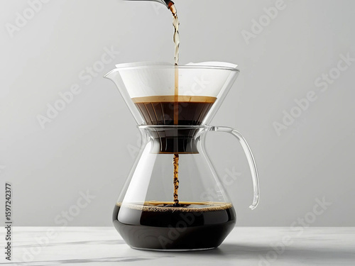 The coffee brewing process uses a pour over tool made of transparent glass and aesthetic coffee drops in making manual coffee.