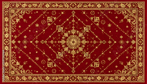 Intricate Red and Gold Carpet with Detailed Floral and Geometric Patterns