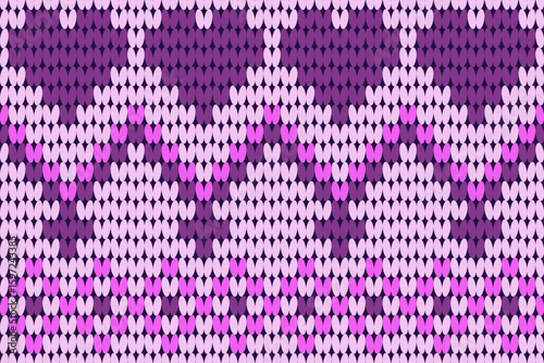 Charming knitted pattern with rows of purple hearts, pink zigzags, and dotted textures on a soft background. Perfect for romantic crafts, cozy textiles, and handmade-inspired winter designs.
