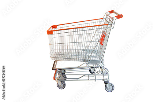 Aluminum sleek empty supermarket shopping cart with shiny metallic isolated on cut out PNG or transparent background. Show modern design and functionality. Transporting large quantities of goods.