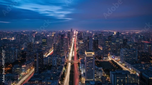 Wallpaper Mural Nighttime Cityscape: Aerial View of Illuminated Urban Center with Light Trails and Modern Architecture Torontodigital.ca