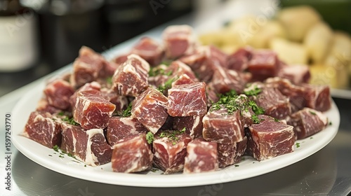 Diced beef, restaurant kitchen, preparation, parsley garnish, food photography