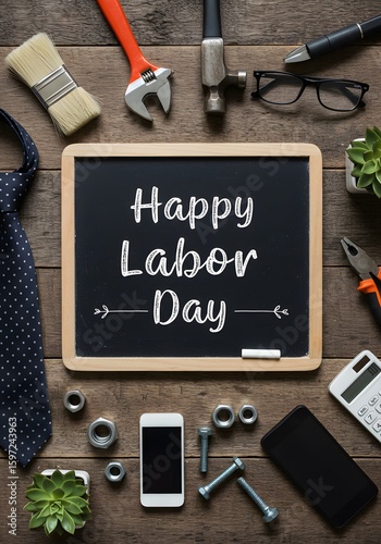 Flat lay of construction blue collar handy tools and white collar's accessories over wooden background, Happy Labor day on black chalkboard, wallpaper, Happy Labor day background
