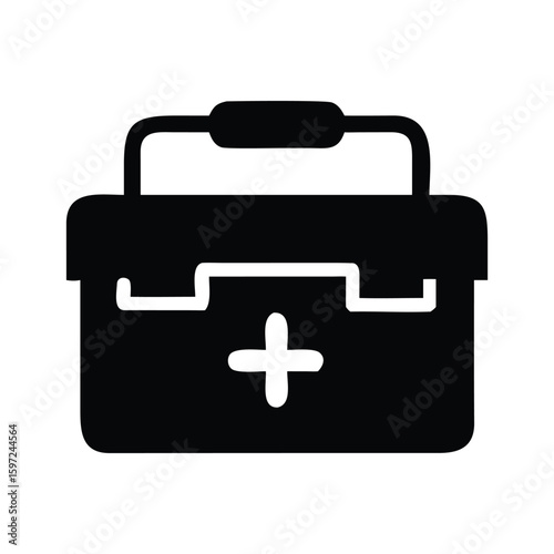 A red first aid kit briefcase with a handle, isolated as a vector icon symbol a first aid box medicine box silhouette vector icon illustration on white background minimalist flat black