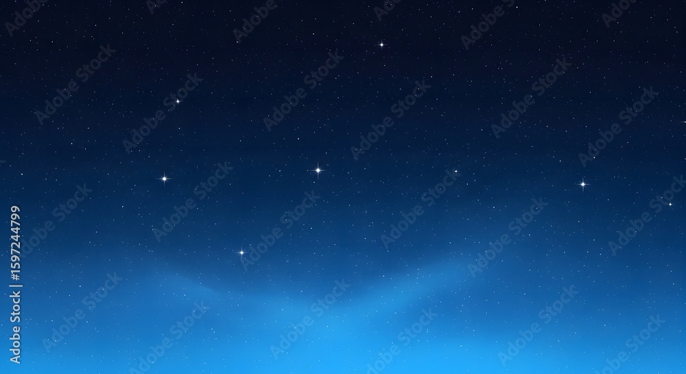 Fototapeta premium Deep blue night sky with distant stars and faint light rays.