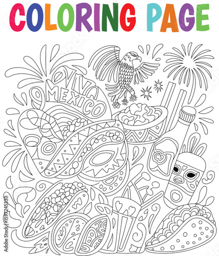 Hand drawn Viva Mexico Coloring book Page – Bold Fiesta Letters with Mexican Elements, dia de la independencia Mexico Celebration Coloring Sheet with Sombrero, Guitar, Chili and Sun Line Art print