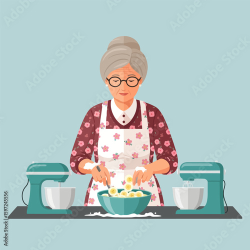 Woman Baking with Mixer and Slicing Banana Into Bowl