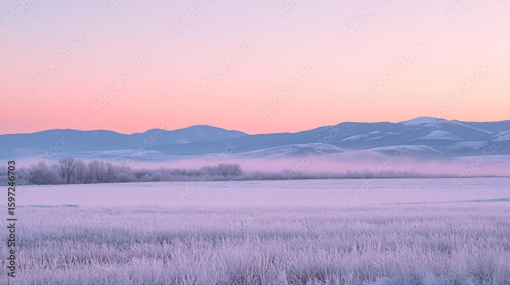Obraz premium Frozen Field and Distant Mountains at Dawn with Pink and Blue Sky