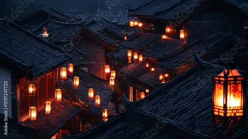 Softly glowing lanterns drifting over ancient rooftops at night serene quiet scene warm lighting