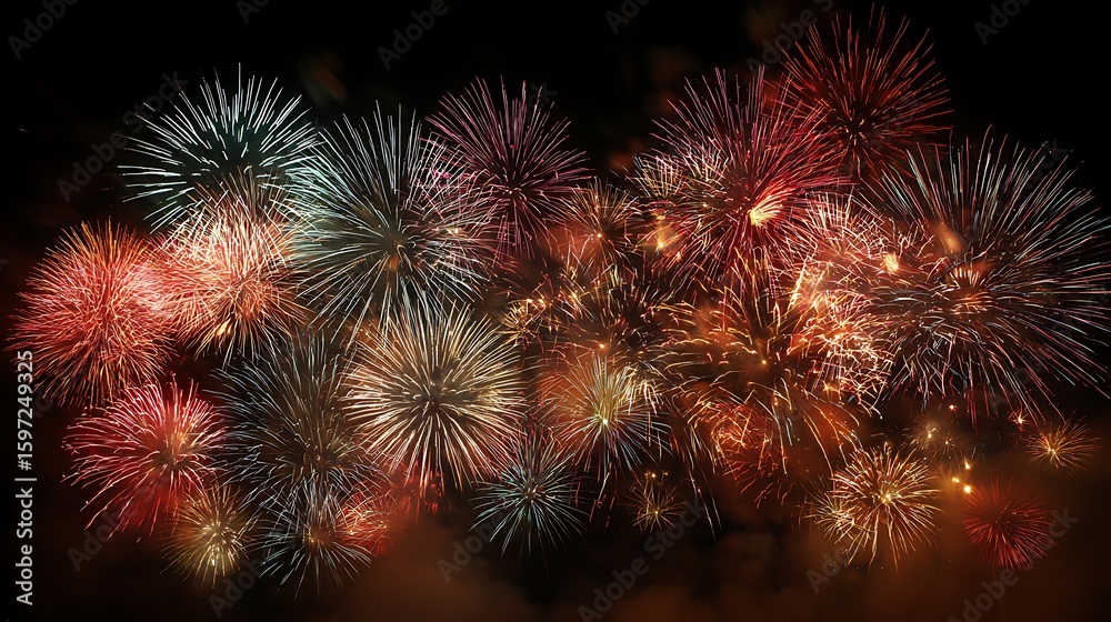 Fototapeta premium Grand colorful fireworks bursting in the night sky bright glowing lights festive celebration joyful mood