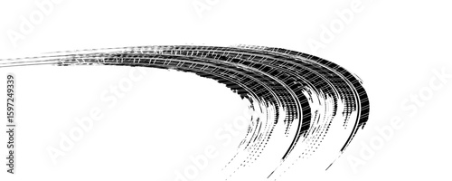 Tire tread marks, wheel textures, tire marks - car racing, motocross, drift, rally, off-road and others. Vector black isolated texture in grunge style with splashes.eps10