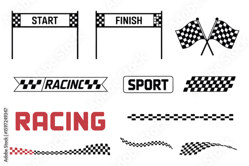 Start and finish race flag set with checkered patterns, speed stripes, and motorsport graphics for racing vector illustration