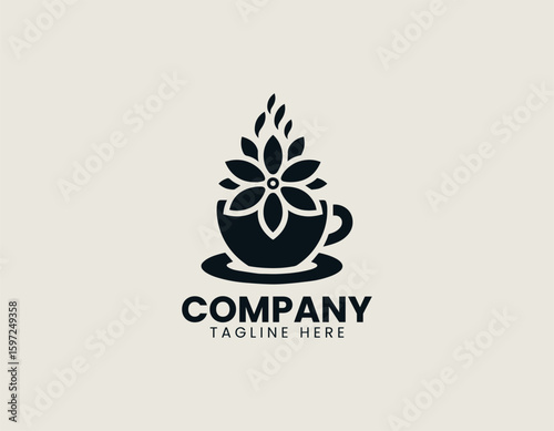 Floral Tea Cup Steaming Beverage Herbal Drink Vector Logo Design
