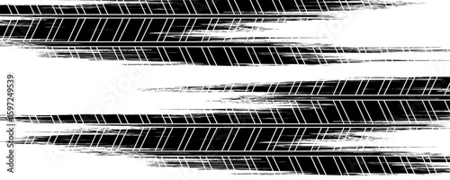 Tire tread marks, wheel textures, tire marks - car racing, motocross, drift, rally, off-road and others. Vector black isolated texture in grunge style with splashes.eps10