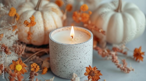 Autumn Still Life with White Pumpkins, Candlelight, and Dried Floral Accents