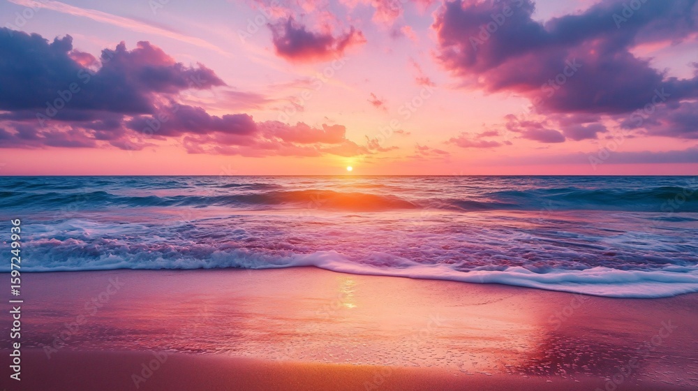Fototapeta premium Pink and Purple Sunset Over Ocean Waves on a Sandy Beach Shoreline