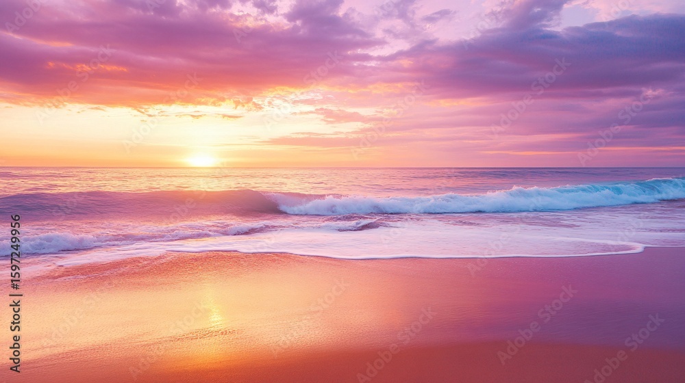 Fototapeta premium Pink and Orange Sunset Over Ocean Waves on a Sandy Beach Shoreline